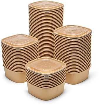 1250ml Disposable Food Containers with Lids - Eco-Friendly Paperboard Serving Bowls with Heat-Resistant PP Lids - Ideal Disposable Salad, Hot Food Bowls for Restaurants & Catering (100)