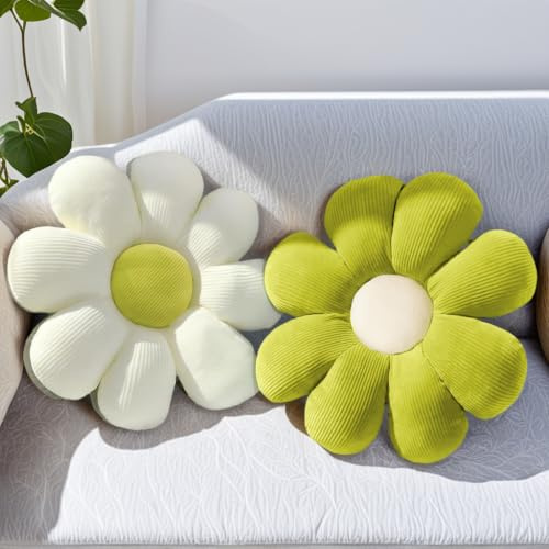 Lighterday 2 almohadas de flores, bonitas almohadas de suelo de 38 cm, cojín de flores, cojines de suelo para niños y niñas, decoración estética de habitación, sofá y silla (verde + blanco, 38 cm)