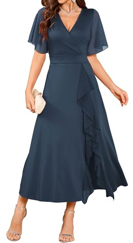 ZAFUL Navy Blue Womens Semi Formal Wedding Guest Dresses Mother of Bride Dresses Split Ruffle V Neck Flared Sleeve Evening Dress 2026 M