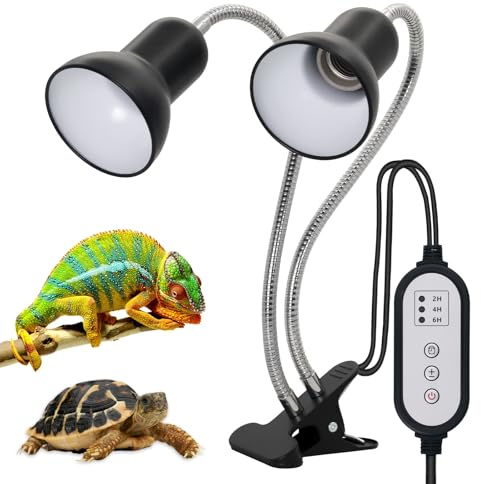 Lámpara de calor para reptiles de doble cabeza, lámpara de calor giratoria de 360° con abrazadera, lámpara de calefacción E27 UVA UVB con temporizador de ciclo inteligente para tortugas, serpientes