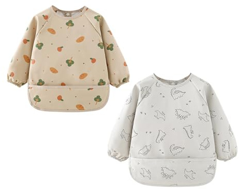 2 Pcs Bavoir Manches Longues Bebe, 6 à 24 Mois, 42 x 37 cm, PU Imperméable Tablier Bebe pour Manger avec Grande Poche et Encolure Élastique, Tablier Peinture, Bibs pour Bébés, Crèche, Quotidien