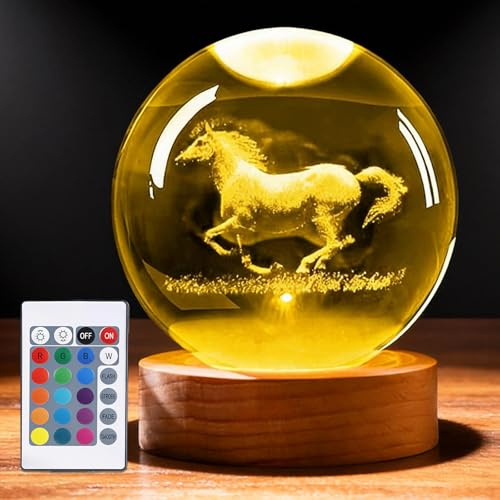 GOEDCH 8cm 3D Horse Glass Ball Night Light con base in legno: luce notturna a sfera di cristallo 3D con telecomando, lampada a sfera di cristallo a forma di cavallo in 16 colori per Natale, Ringraziam