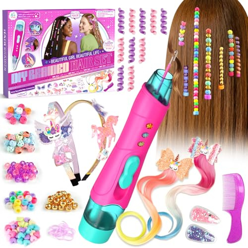 Fozcmisw Cadeau Fille 5 6 7 8 9 10 Ans, Jouet Fille 6 Ans Kit Accessoires Cheveux DIY avec Machine à Tresser, Perles Cheveux, Serre-Tête Licorne - Jeux Créatif Cadeau Anniversaire Fille