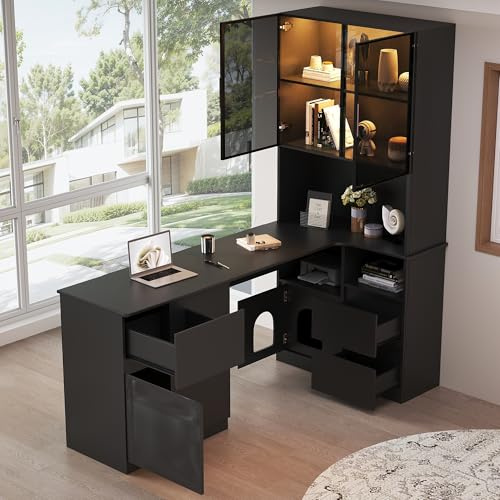 JCFEIDQW Escritorio plegable, escritorio con estante, escritorio de esquina, mesa de ordenador, con pasacables, 3 cajones, 2 puertas, compartimentos abiertos y compartimento para mascotas, 120×80×180