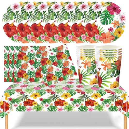 YESAH 53P Hawaiian Hibiscus Tableware Set,Paper Summer Luau Dinnerware Pack | Includes Plates,Cups,Napkins and Reusable Tablecloth for 16 Guests,Birthday,Garden Party and Celebration Decor