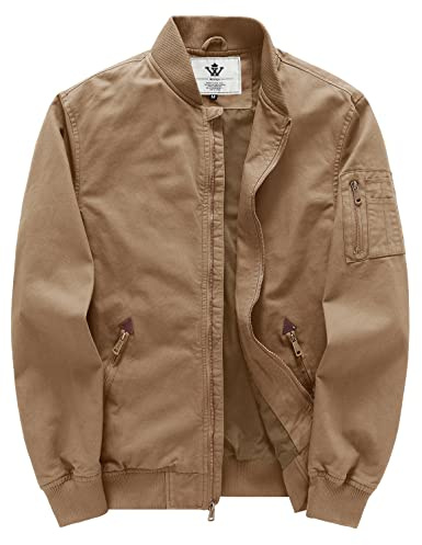 WenVen Men's Soft Twill Cotton Anorak Casual Field Varsity Jacket (Khaki, M)