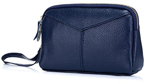 AprinCtempsD Women's Clutch Bag Genuine Leather Wristlet bag Small Handbag Zipper Wallet Purse with Wrist Strap (Blue)