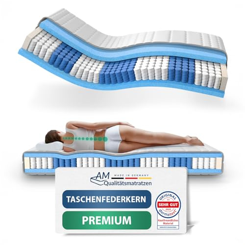 AM Qualitätsmatratzen Premium Taschenfederkernmatratze 140x210cm H2 24cm - Made in Germany & Oeko TEX Siegel - 7 Zonen Federkernmatratze 140x210 mit Lyocell Bezug - Ergonomische Matratze 140x210 H2