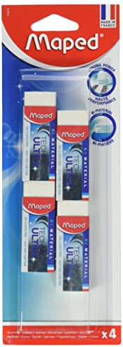 Maped - Lot de 4 Gommes Technic Ultra Classic - Blanches Bi-Matière - Dust Free Sans PVC - Fabriquées en France