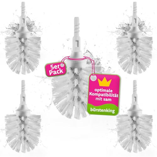 Bürstenking WC Ersatzbürstenkopf, 79 mm, Toilettenbürstenkopf Set passend für sam WC-Garnituren, Borsten Ersatzklobürstenkopf, mit Kunststoff Adapter, 5 Stück, weiß