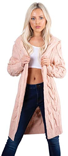 Crazy Girls Womens Chunky Knit Long Cardigan, Pink, ML (UK 12-14)