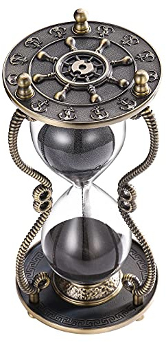 CNCJ Nautical Brass Sand Timer 60 Minute Hourglass:Antique Metal Rudder Sand Clock, Black Sand Watch 60 Min, Vintage Reloj De Arean, Small Hour Glass Sandglass for Gifts, Office, Desk Decor