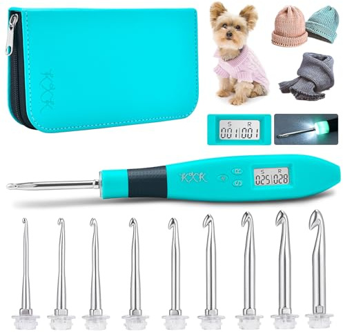 Juego de agujas de ganchillo ergonómicas con contador de puntadas LED y digital, kit de ganchillo con 9 agujas de ganchillo intercambiables para ganchillo y tejer