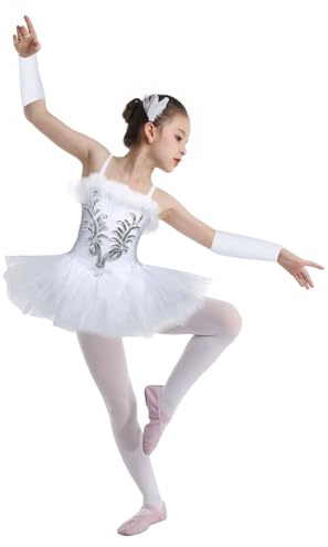 Yhong Kids Girls Spaghetti Straps Ballet Dress Ballerina Dance Costume Swan Lake Tutu Dress with Arm Sleeve Hair Clip White 7-8 Years
