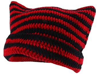 Crochet Hats for Women Cat Beanie Vintage Beanies Women Fox Hat Grunge Accessories Slouchy Beanies for Women (Black red,One Size)