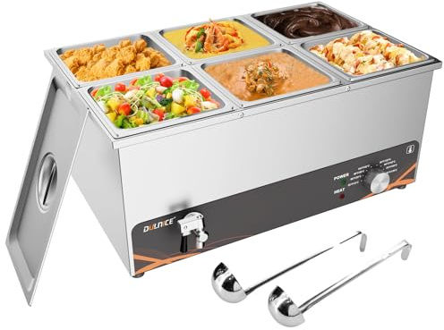 DULNICE Scaldavivande Elettrico bagnomaria Bain Marie Professionale, pomello in Metallo, Acciaio Inossidabile per Buffet con 6X 1/6 Pentole con coperchi, con 2 Cucchiaio da Minestra, con Rubinetto