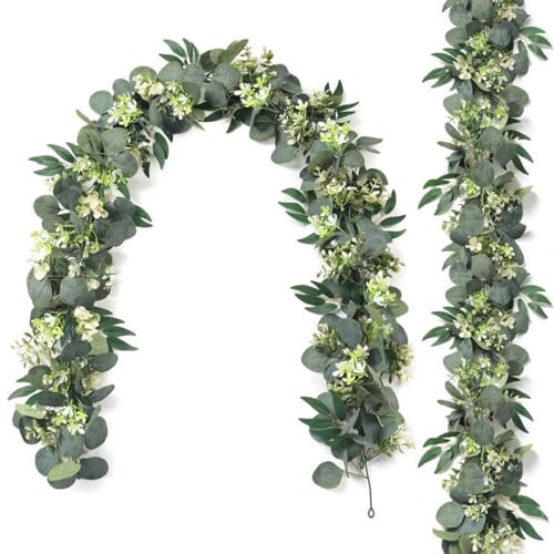 2 stycken eukalyptusgirlanger, konstgjorda hängväxter, konstgjord sideneukalyptusblad, girlang, dekorativ grön girlang med vita blommor, hängande vinrankor, dekoration för bröllop, vägg, bord, fest, dekoration