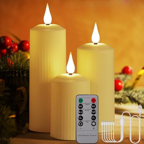 BOWKA LED Kerzen Außenbereich Kerzenlichter wiederaufladbar mit Fernbedienung und Timer Flackerndes warmweiß Dimmbar kabellos Stumpenkerze USB-Kabel Home Deco (3stk./set), Beige