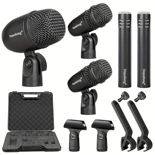 Depusheng 5-Piece Wired Dynamic Drum Mic Kit (Whole Metal) Kick Bass, Tom/Snare & Cymbals Microphone-Use for Drums, Vocal, Other Instrument Complete with Thread Clip 7 On Stage Audio Cables