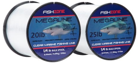 FISHZONE - 2 x MEGALINE 4oz Bulk Spools (0.35mm Dia) EXTRA MARINE Sea Fishing Line - Clear Mono - High Abrasion & Knot Strength - Bass Mackerel Cod Wrecking & Surf Casting (2 x 510m of 25lb / 11.36kg)