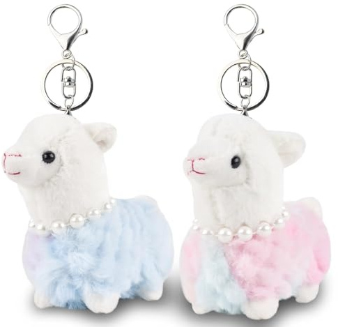Anboor 2 Pack Small Stuffed Animals Alpaca Plushies with Keychain Sheep Kawaii Plush Toy Kindergarten Classroom Presents for Students (Blue & Pink)