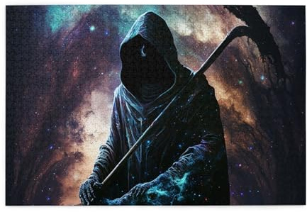 HERRECX 1000 Piece Jigsaw Puzzle Grim Reaper Death Sickle Cloak Galaxy Black Wood Puzzle for Adults Teens Family Game Educational Toys Gifts