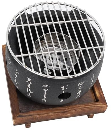 Grill de Style Japonais, Mini Barbecue Japonais Portable, Poêle à Charbon en Alliage D'aluminium, Barbecue à Charbon D'intérieur Domestique avec Grillage, Base en Bois (L)