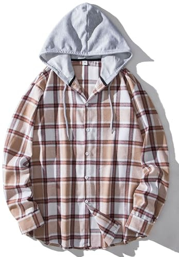 Iris Sprite män rutiga skjortor med huva knapp skarv sweatshirt långärmad gitter toppar, Khaki-a116, S