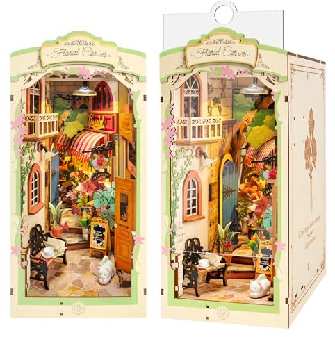 Rolife Book Nook Kit Angolo Floreale con Luci LED Kit Casa in Miniatura Fai da Te Puzzle 3D in Legno per Adulti per Costruire Libreria Decorazione Natale Regalo Compleanno