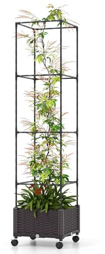 GOPLUS Jardinière avec Treillis Jardin pour Plantes Grimpantes, Obélique avec Carré Potager Pot,Cage à Tomates à roulettes 4 Hauteurs 170/130/90/50CM 40 x 40 x 32CM
