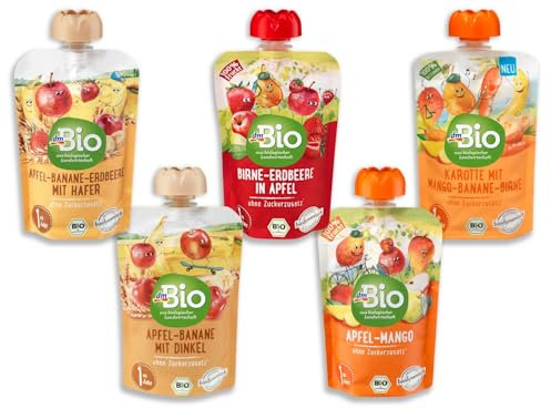 Quetschie Probierpaket ab 1 Jahr – 5 Sorten: Apfel, Banane, Erdbeere, Mango, Birne & Karotte mit Hafer und Dinkel – 100% Bio, ohne Zuckerzusatz, ideal für unterwegs (5 x 100 g)