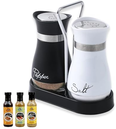 AMONENZ Saliera, 120ml con Supporto Saliera e Pepiera, Vetro e Acciaio Inossidabile Sale e Pepe, Design Bianco e Nero, per Domestico, Ristoranti e Campeggio