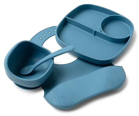 Muchmellow - Set Pappa Silicone MADE IN ITALY 4 Pezzi, Ciotola con Ventosa Anticaduta, Piatto, Cucchiaio, Bavaglino Regolabile, Svezzamento, Plastic Free, BPA Free, Lavabile Lavastoviglie (Blu)