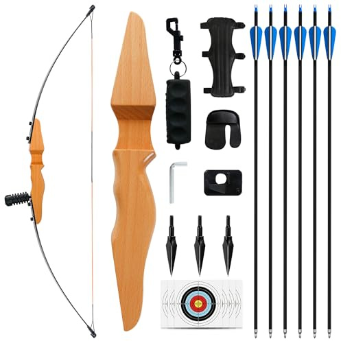 SERfawnCH Pfeil und Bogen 30lbs Set für Erwachsene und Anfänger - Recurve Jagdbogen mit Carbon Pfeilen, Bogenschießen Ausrüstung (Holzbogen, Einsteiger)