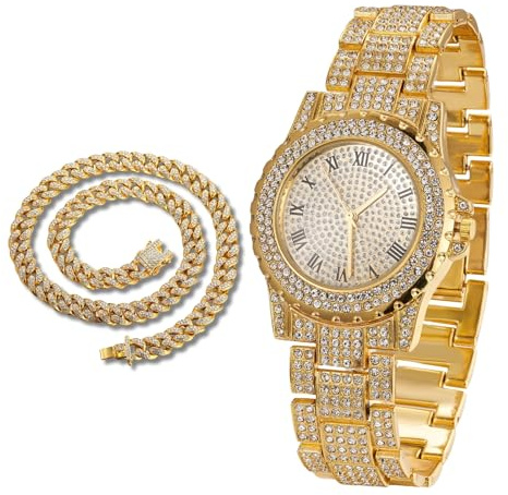 Richhut Diamantklocka för män, 39 mm, bred, rund urtavla, rem, 22,5 cm, guldpläterad i 18k äkta guld/vitguld, platina, med valfri kubansk länkkedja, present till pojkvän make