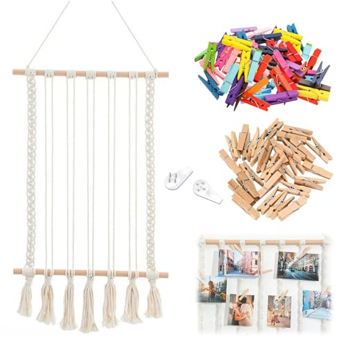 Foto colgante de macramé – Pared de fotos con pinzas, marco de fotos bohemio decorativo con 60 grapas, 2 clavos sin dejar rastro, macramé colgante, guirnalda de fotos, cuerda de fotos DIY para