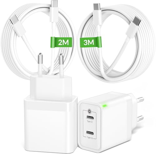 USB C Laddare, 45W 2-Port Snabbladdare För iPhone 17e/Air/17/16/16e/15 Pro MAX Plus, iPad Air/Pro/10/11/A16 Gen, Tillbehör Snabb Plug-Adapter Med USBC 2M+3M Originalkabel, 2-Pack