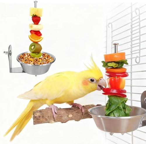 Set of 1 Bird Cage Feeder for Vegetable & Fruit, Parrot Fruit Holder with Dish Bowl Design to Keep Clean, No Mess Bird Food Veggies Skewer for Parakeets, Cockatiels, Lovebirds, Budgies, Conures