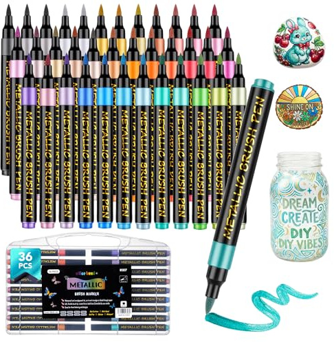 BONACE 36Pcs Metallic Acrylic Paint Markers, Brush Tip, Waterproof, Water-Based No-Bleed Paint Pensfor Fabric, Rock, Glass, Wood, DIY - Art Supplies