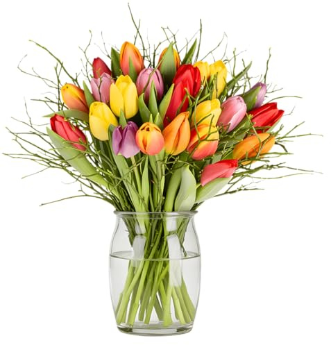 Blombukett Modern Love XL | Färgglad tulpanbukett | Med dekorativ grön | perfekt presentidé, 7 dagars färskhetsgaranti, kvalitet från blomsterhandsten