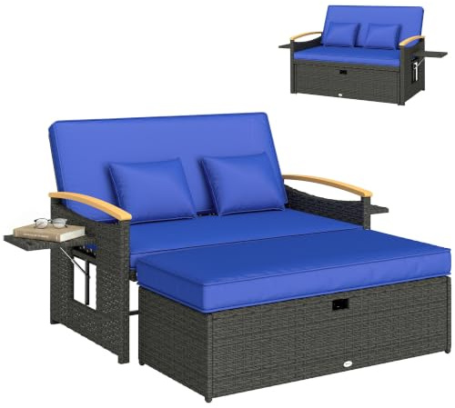 Outsunny Double Garden Rattan Daybed w/Storage Ottoman Side Tray Brown | 4-Level Adjustable Backrest, Wicker Sun Bed Chaise Lounger, Cushions, Outdoor Conversation Furniture Loveseat Sofa