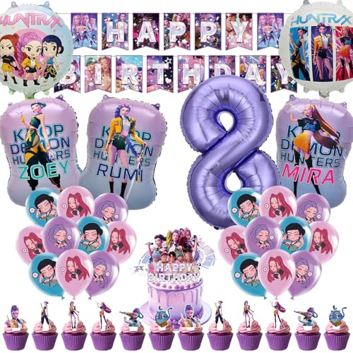 50pcs Kop Demo Huntr Set de Décoration de Fête d'Anniversaire, Thème Dessin animé avec Bannière, Ballons et Toppers à Cupcakes pour Anniversaire d’Enfants