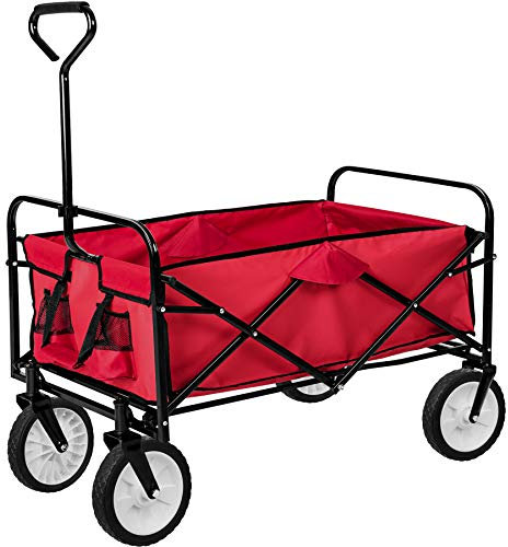 tectake® Carretilla Plegable Con Ruedas, Carrito de Playa, Carretilla de Mano Robusta con Lona Extraíble, Ruedas 360°, Carro Jardin hasta 80 kg de Carga, Carro Herramientas Plegable - Rojo