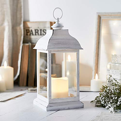 Lights4fun Weiße Laterne mit LED Kerze Batteriebetrieb 30cm Deko Vintage Shabby Chic