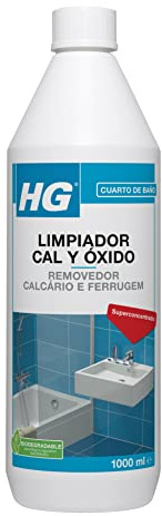 HG Limpiador Cal y Óxido, Elimina los Depósitos de Cal en Grifos de Lavabo e Inodoros, Limpiador y Descalcificador para Cabezales de Ducha, Baños y Bañeras de HG - 1 litro