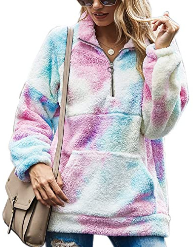Voqeen Stand Collar Women Sweatshirts Women Fleece Sweater Long Sleeve Big Front Pocket Fluffy Winter Warm Pullover Zip Up Coat Tunic Sweatshirt Jumper Tops with Pockets Outwear Jacket (Tie dye, S)