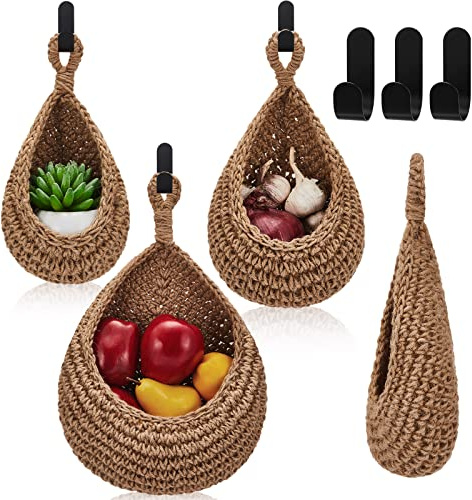 Honeydak Boho Decor Hanging Wall Baskets for Kitchen 3 Pack Teardrop Baskets with Hooks Storage Fruit Onion Vegetable Potato for Home 3 Sizes(Linen,Teardrop,Jute)