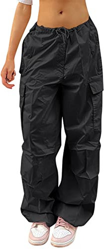 Parachute Pants Frauen Cargohose Damen Baggy Low Waist Fallschirm Hose Vintage Y2K Track Pants Hip Hop Freizeithose Jogginghose Teenager Mädchen 90er E-Girl Streetwear Hose mit Taschen Schwarz XS