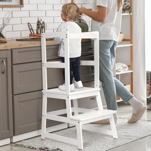 Lernturm für Kinder,Kinderküchen Tritthocker, Lernturm mit Sicherheitsschiene für Kleinkinder ab 18 Monaten, Sicherheits-Anti-Rutsch-Schutz, Abnehmbarer Tritthocker für Erwachsene, Weiß