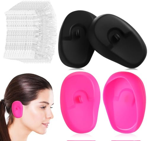 Lurrose Silicone Ear Cover for Shower: 2 Pairs Plus 100 Disposable Caps & Muffs for Salon & Hair Dye